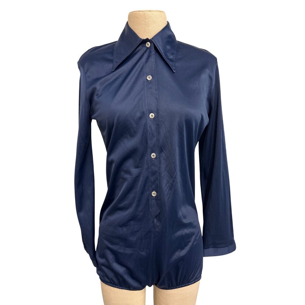 Vintage Blue Swan Nylon Satinette Button-Up Shirt Bodysuit With Pointed Collar L